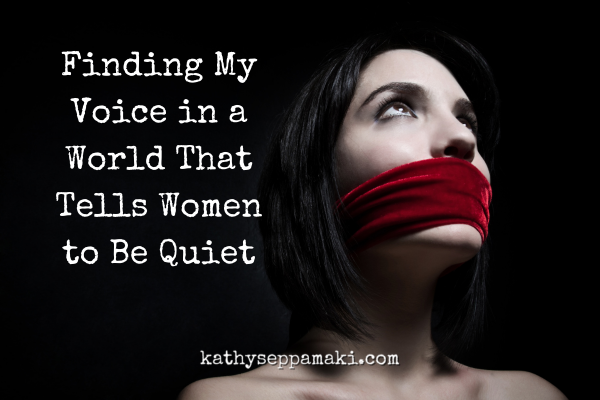 Finding My Voice in a World That Tells Women to Be Quiet blog post title with picture of a woman with a red cloth stretched over her mouth