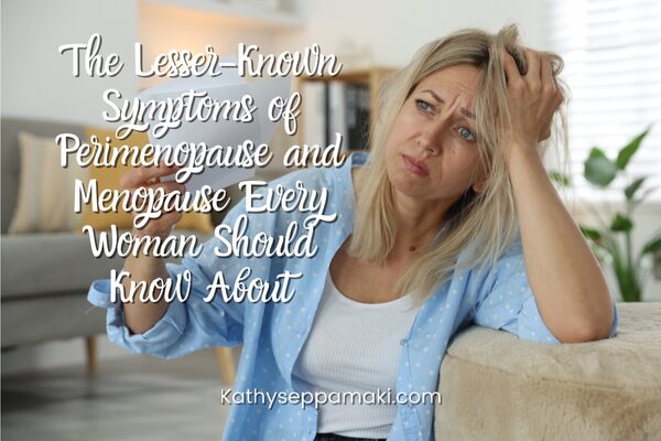 The Lesser-Known Symptoms of Perimenopause and Menopause Every Woman Should Know About blog post title with picture of a woman sitting on her couch fanning herself with a piece of paper because she's having a hot flash